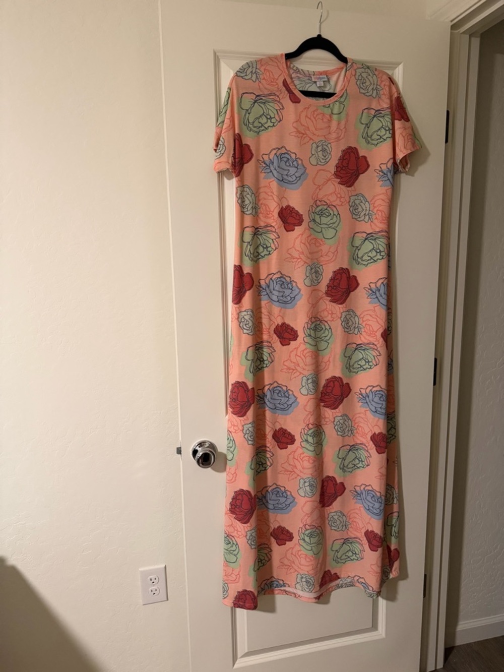LuLaRoe Peach Maxi Dress with Red, Blue & Green Floral Motif